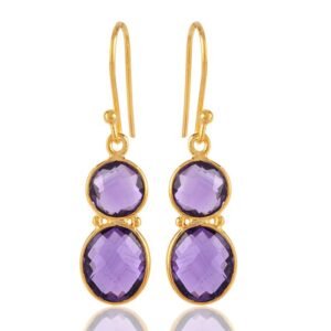 Gold-plated amethyst dangle earrings with faceted purple gemstones in a handcrafted setting main view