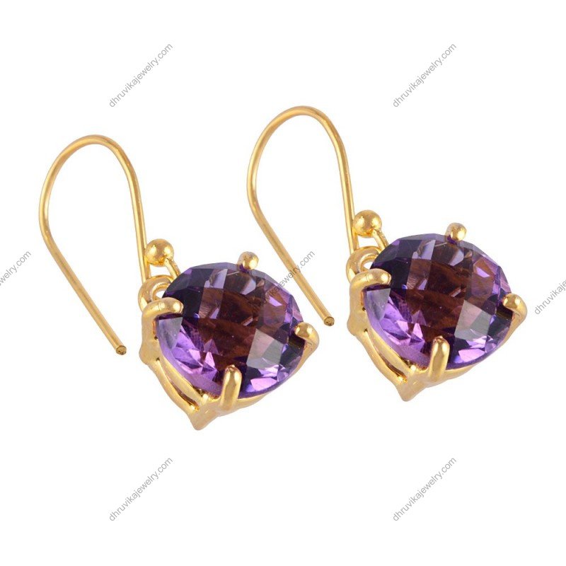 Gold-plated amethyst drop earrings with round purple gemstones in prong setting alternate image