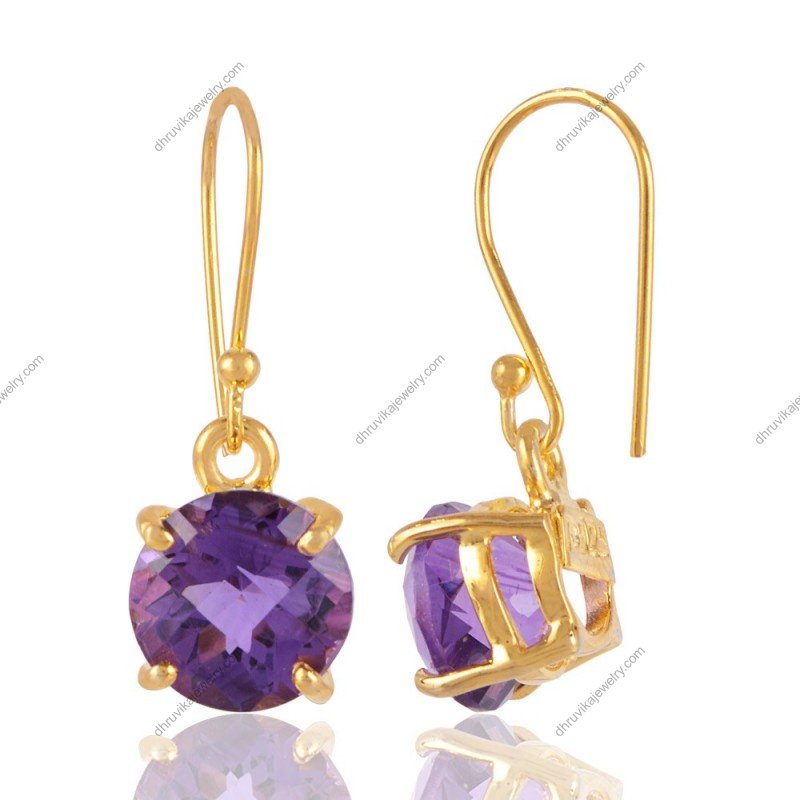 Gold-plated amethyst drop earrings with round purple gemstones in prong setting view1