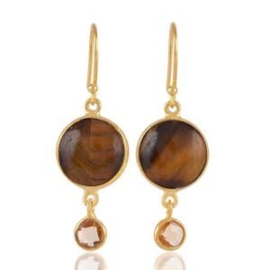 Gold-plated sterling silver Tiger’s Eye dangle earrings with faceted stone accents main view