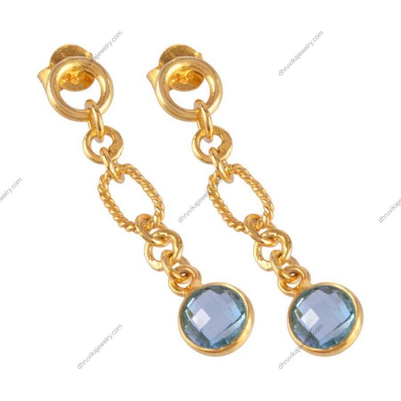 Gold-plated chain link drop earrings with faceted blue gemstones, elegant and lightweight jewelry alternate image