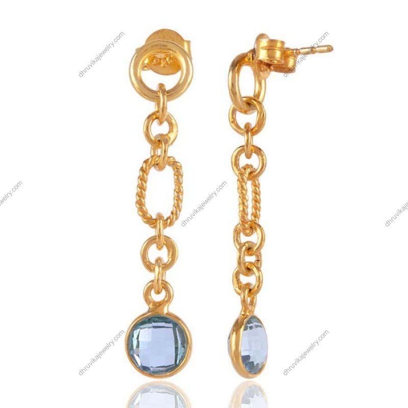 Gold-plated chain link drop earrings with faceted blue gemstones, elegant and lightweight jewelry view1