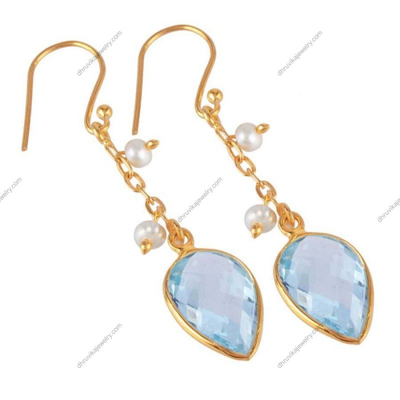 Gold-plated silver earrings with blue topaz teardrop gemstones and pearl accents alternate image
