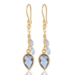 Gold-plated aquamarine drop earrings with pear-cut gemstones in elegant dangling design main view