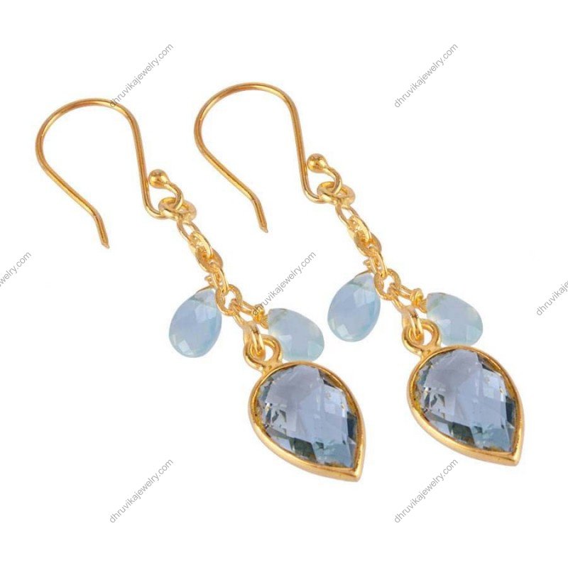 Gold-plated aquamarine drop earrings with pear-cut gemstones in elegant dangling design alternate image