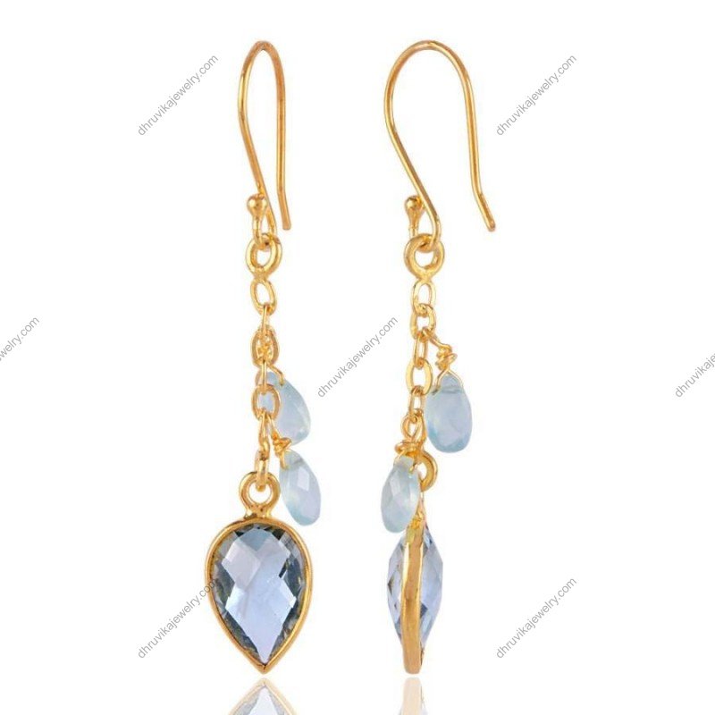 Gold-plated aquamarine drop earrings with pear-cut gemstones in elegant dangling design view1