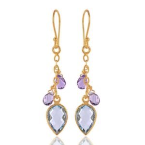 Gold-plated silver drop earrings with blue topaz and amethyst gemstones main view