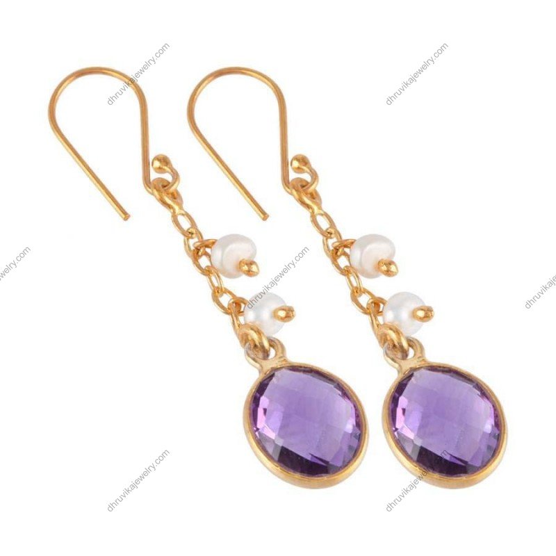 Gold-plated amethyst dangle earrings with freshwater pearls, elegant gemstone jewelry alternate image