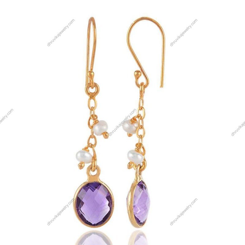 Gold-plated amethyst dangle earrings with freshwater pearls, elegant gemstone jewelry view1