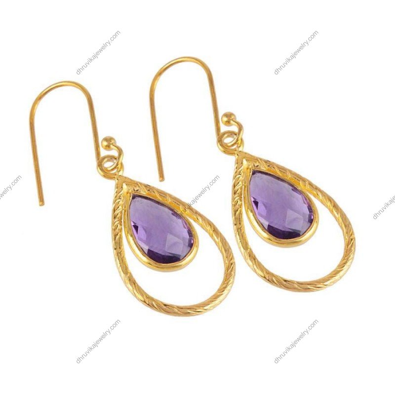 Gold-plated amethyst dangle earrings with teardrop gemstone in elegant handcrafted design alternate image