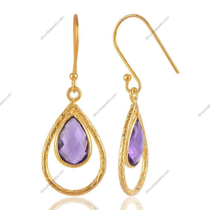 Gold-plated amethyst dangle earrings with teardrop gemstone in elegant handcrafted design view1