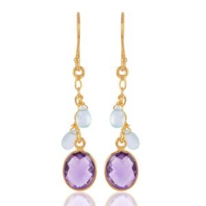 Gold-plated amethyst and aquamarine dangle earrings with faceted gemstones main view