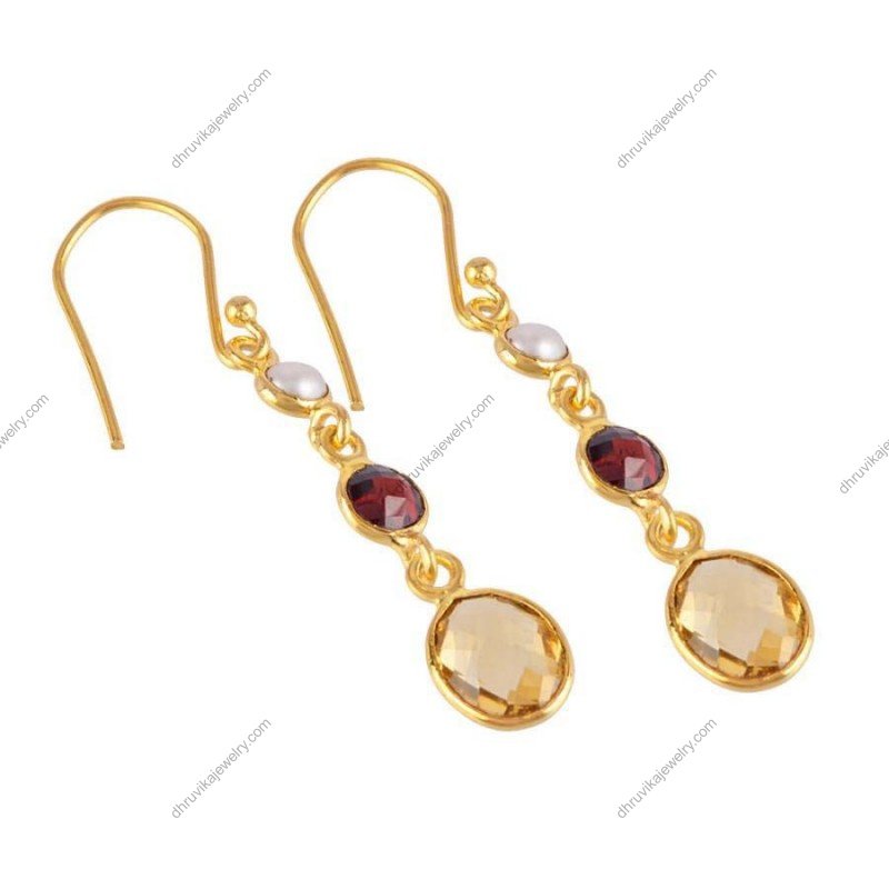Gold-plated dangle earrings with garnet, citrine, and pearl, elegant gemstone drop earrings alternate image