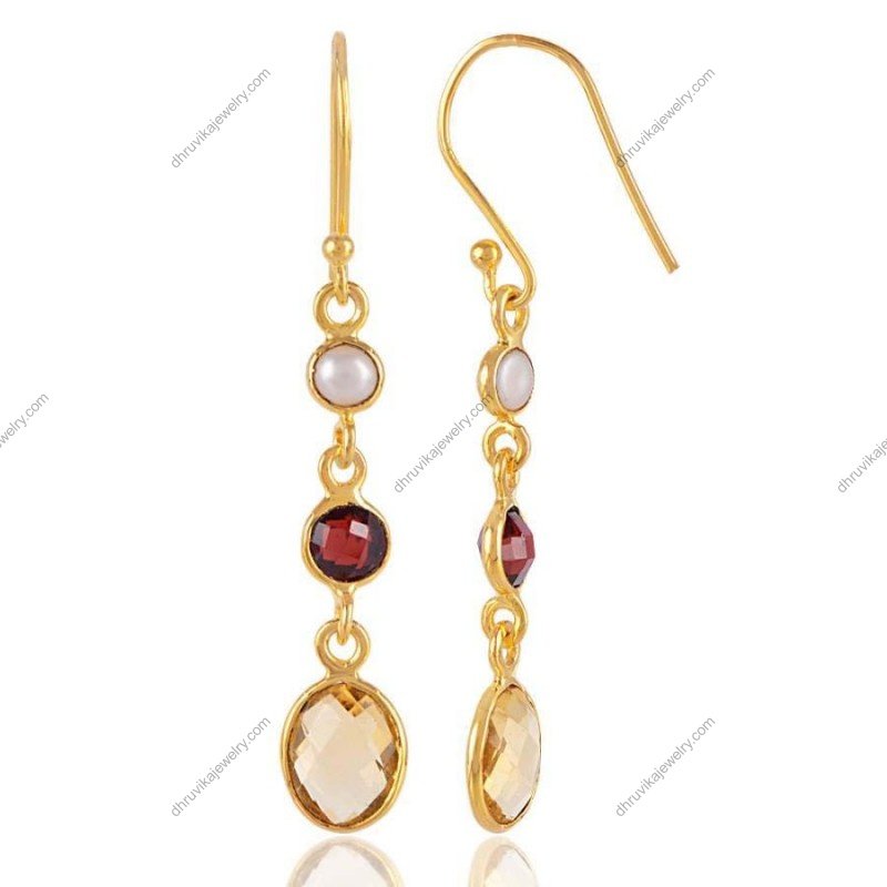 Gold-plated dangle earrings with garnet, citrine, and pearl, elegant gemstone drop earrings view1