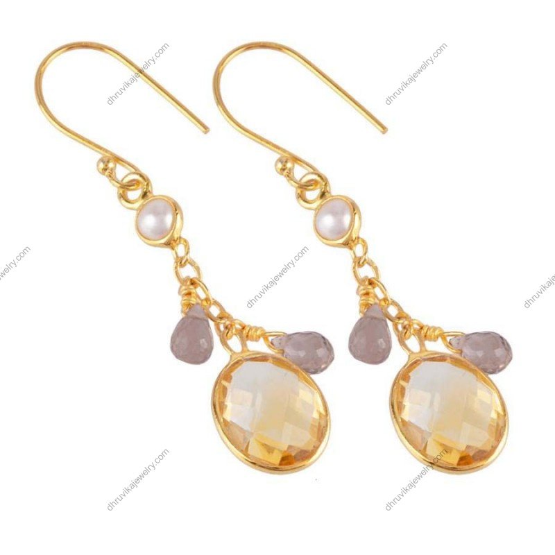 Gold-plated citrine dangle earrings with pearl and smoky quartz accents alternate image