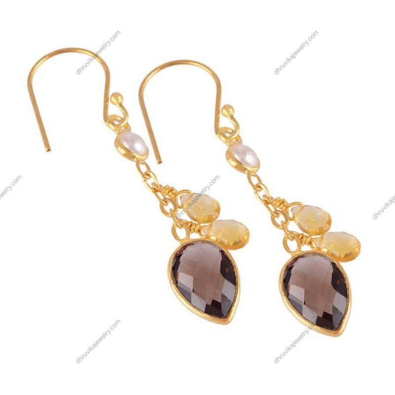 Gold-plated dangle earrings with smoky quartz, citrine, and pearl, featuring a handcrafted elegant design alternate image
