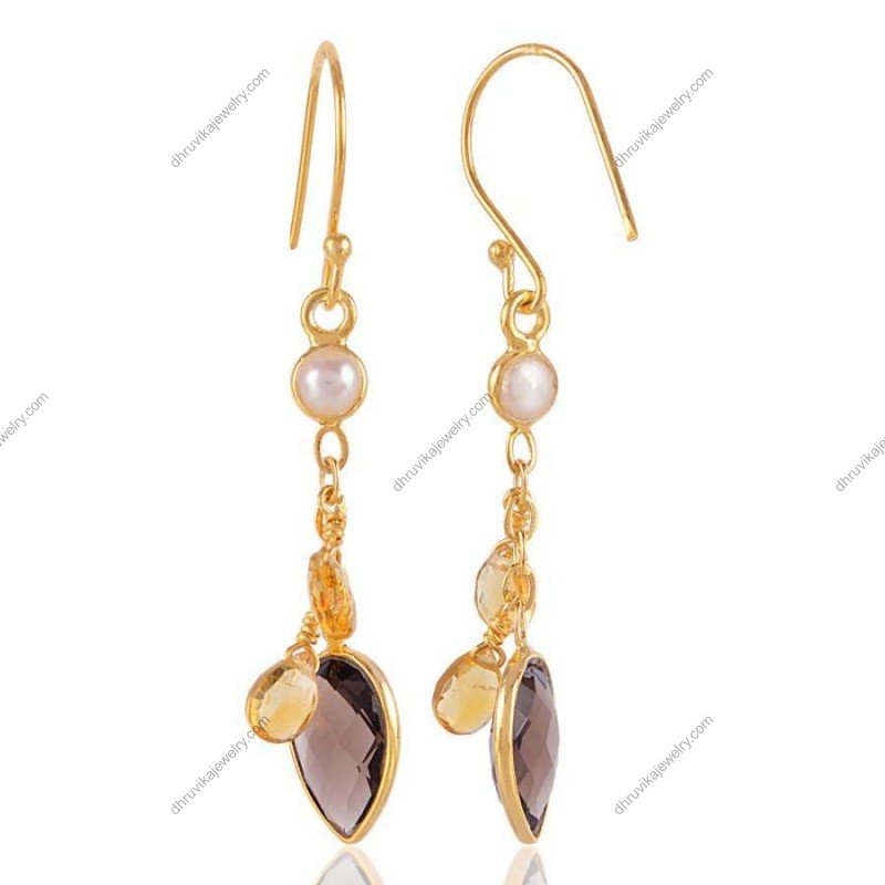 Gold-plated dangle earrings with smoky quartz, citrine, and pearl, featuring a handcrafted elegant design view1