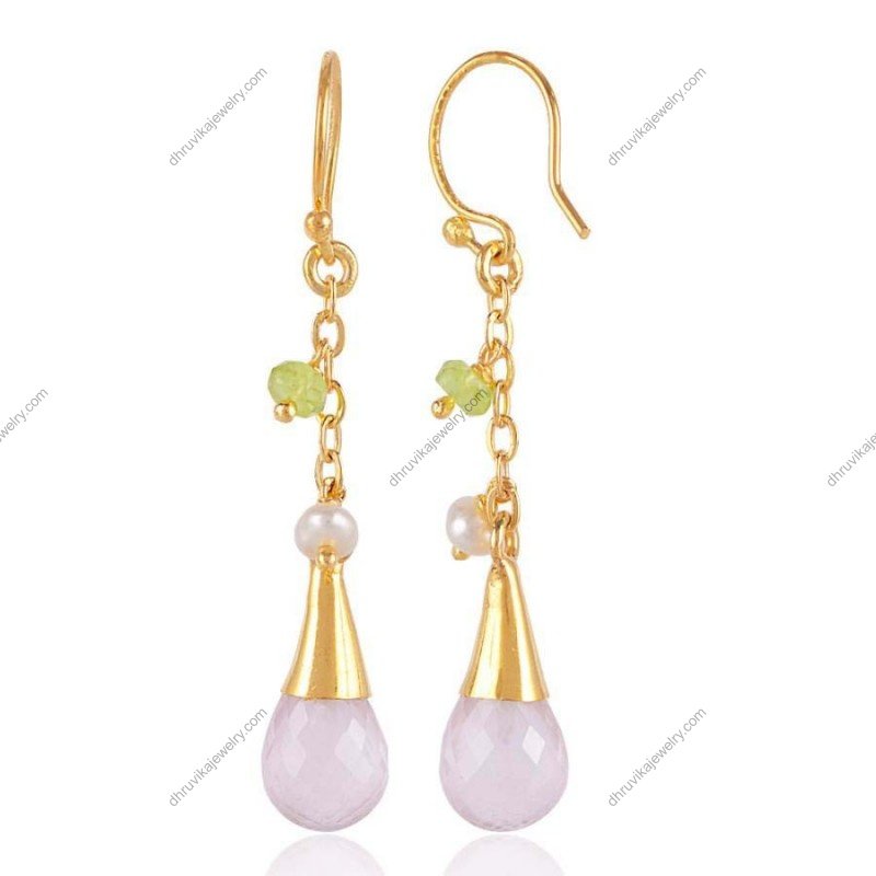 Elegant silver drop earrings with pearl and gemstone dangles, perfect for any occasion. view1