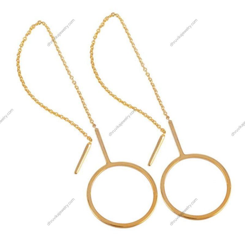 Elegant silver threader earrings with minimalist circle dangle design view1