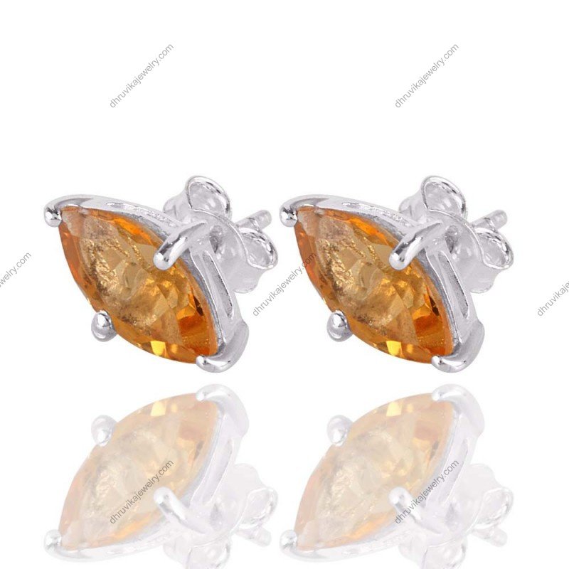 Silver citrine stud earrings with marquise-cut gemstones in sterling silver setting view1