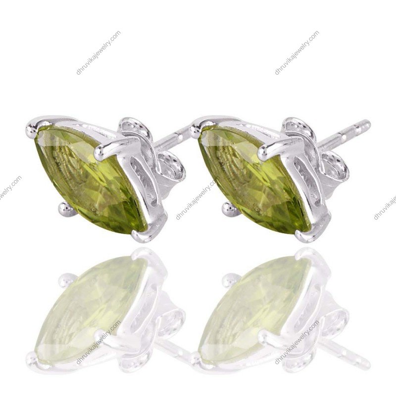 Sterling silver peridot stud earrings with marquise-cut gemstone in secure prong setting alternate image