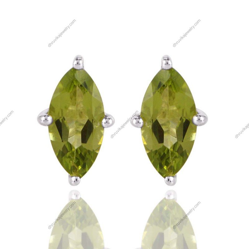 Sterling silver peridot stud earrings with marquise-cut gemstone in secure prong setting view1