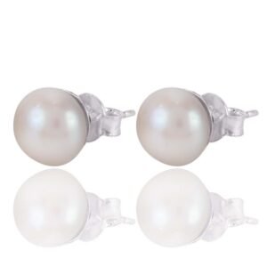 Silver pearl stud earrings with freshwater pearls in sterling silver setting main view