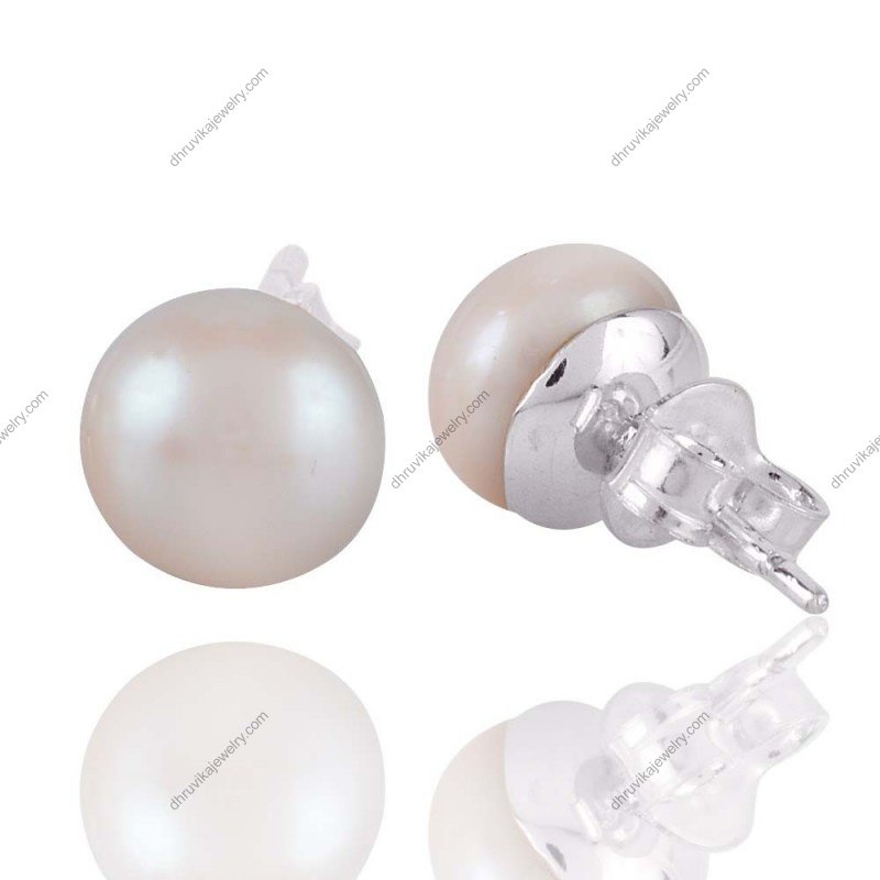 Silver pearl stud earrings with freshwater pearls in sterling silver setting view1