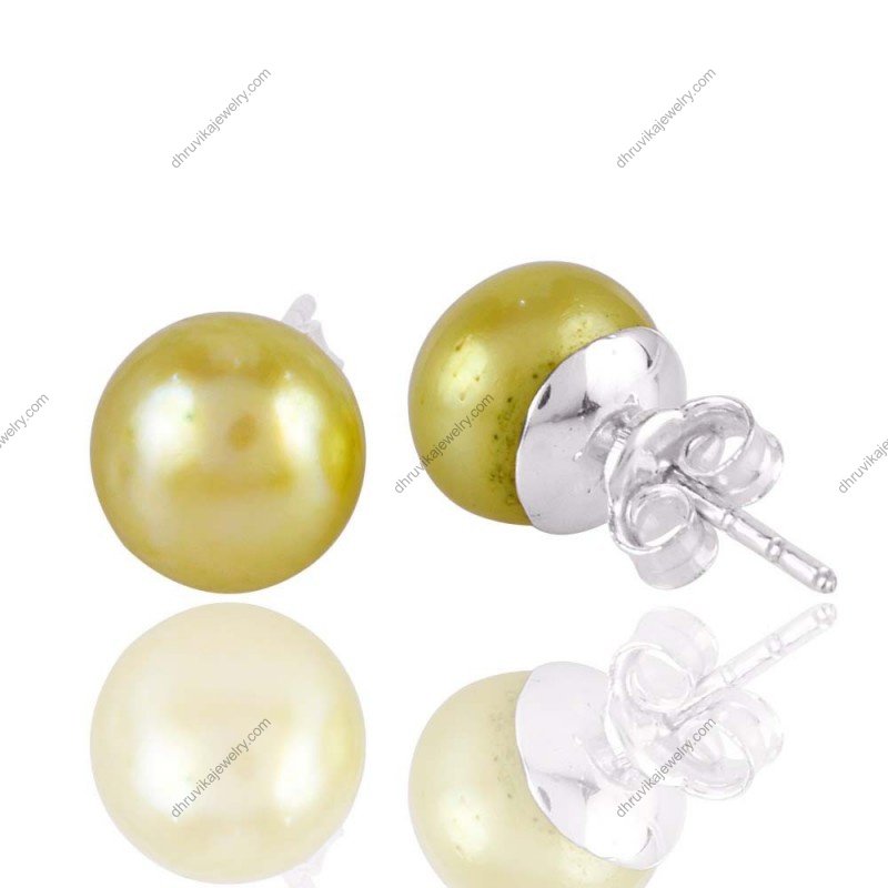 Sterling silver golden pearl stud earrings with luminous luster, classic and elegant design view1