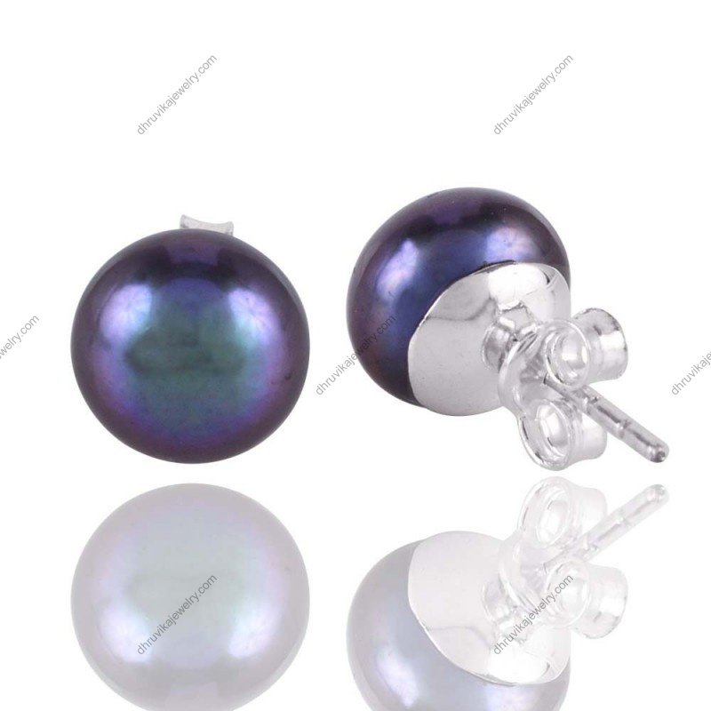 Elegant silver pearl stud earrings with freshwater pearls and sterling silver posts view1