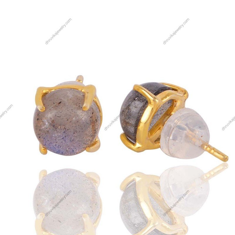Silver labradorite stud earrings with gold-plated prongs and sterling silver post view1