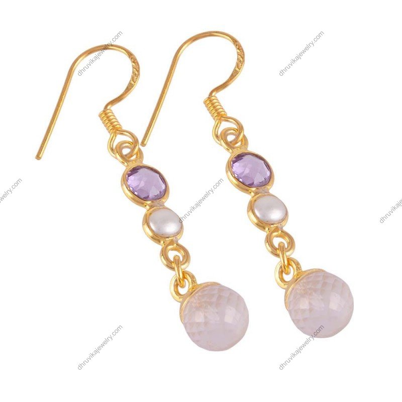 Silver dangle earrings with amethyst and pearl accents, handcrafted elegance alternate image