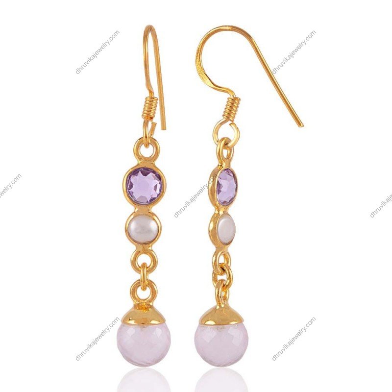 Silver dangle earrings with amethyst and pearl accents, handcrafted elegance view1