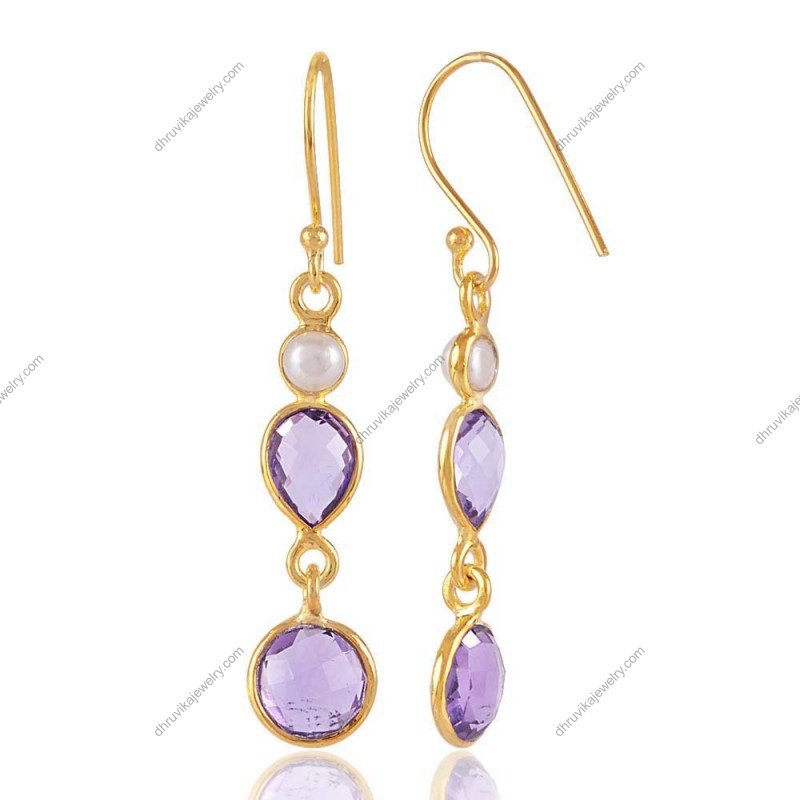 Silver amethyst dangle earrings with sterling silver and faceted gemstones view1