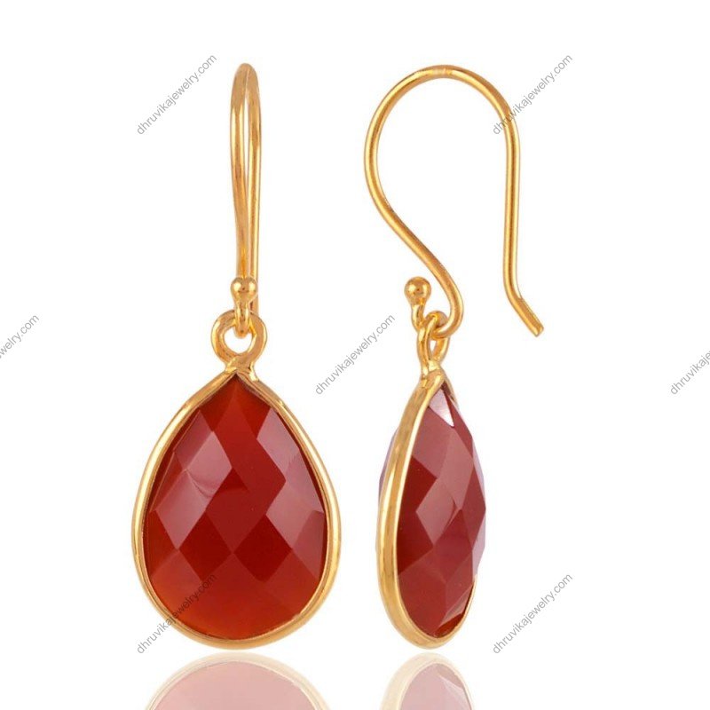 Elegant silver carnelian drop earrings with faceted gemstones in a handcrafted sterling silver setting view1