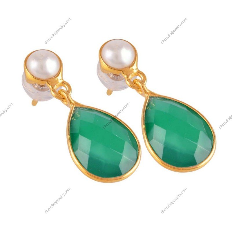 Silver green onyx and pearl dangle earrings set in sterling silver with a refined finish alternate image