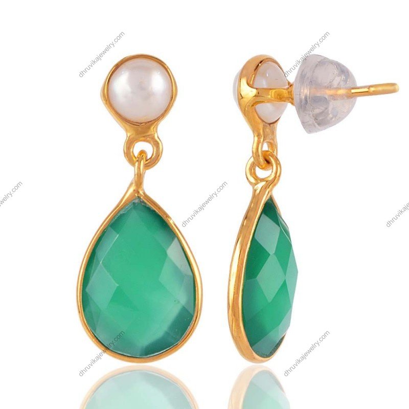 Silver green onyx and pearl dangle earrings set in sterling silver with a refined finish view1