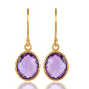 Gold-plated amethyst drop earrings with faceted purple gemstones and elegant design main view