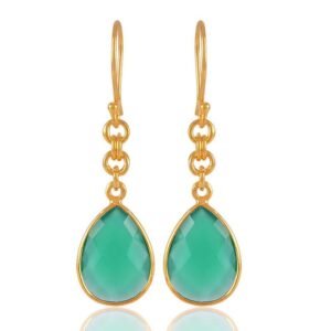 Gold-plated green Onyx dangle earrings with teardrop gemstones, elegant and handcrafted jewelry main view