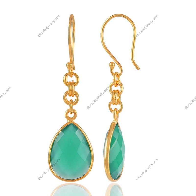 Gold-plated green Onyx dangle earrings with teardrop gemstones, elegant and handcrafted jewelry view1