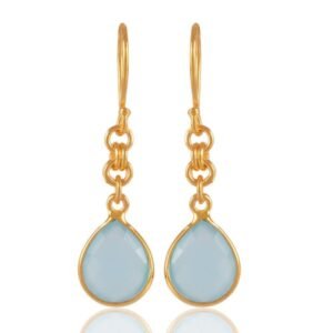 Elegant silver drop earrings with aqua chalcedony in gold-plated setting main view