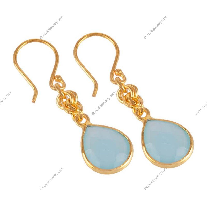 Elegant silver drop earrings with aqua chalcedony in gold-plated setting alternate image