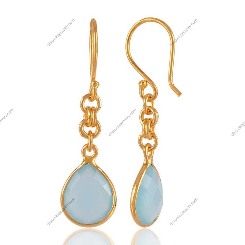Elegant silver drop earrings with aqua chalcedony in gold-plated setting view1