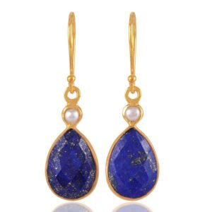 Gold-plated lapis lazuli drop earrings with freshwater pearl accents, handcrafted elegance main view