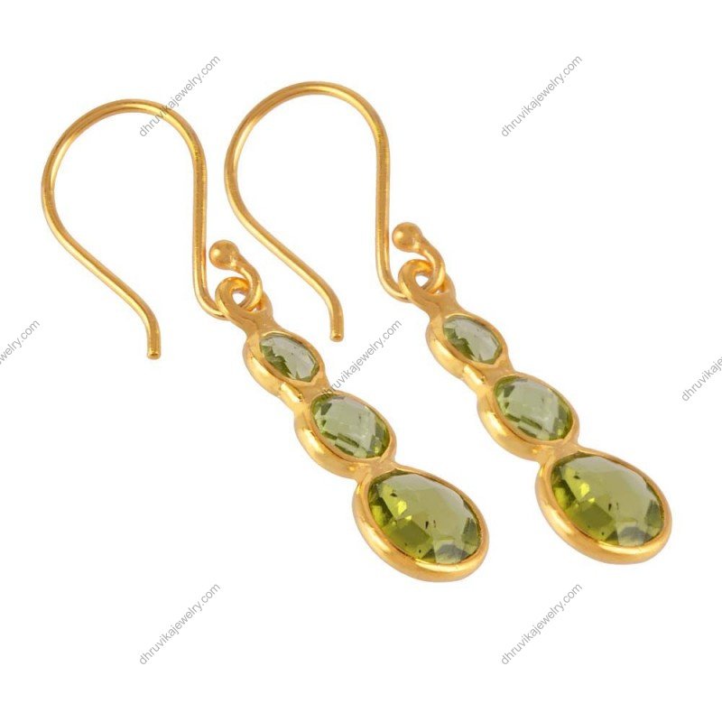 Gold-plated silver dangle earrings with green gemstones, elegant handcrafted jewelry alternate image