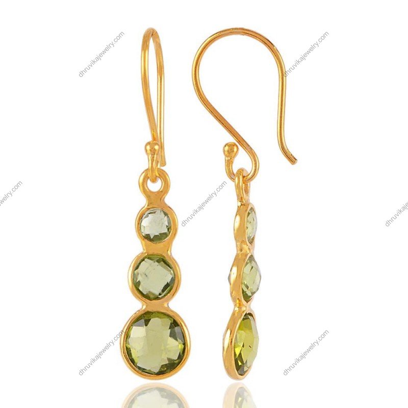 Gold-plated silver dangle earrings with green gemstones, elegant handcrafted jewelry view1