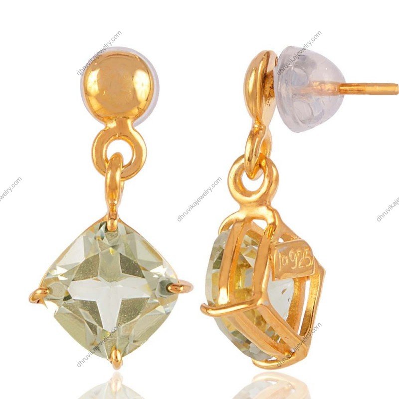 Elegant silver drop earrings with cushion-cut gemstones and gold-tone accents view1