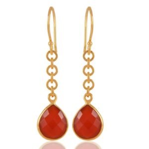 Gold-plated carnelian drop earrings with faceted gemstone and delicate chain design main view