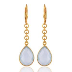 Gold-plated silver drop earrings with faceted blue chalcedony gemstones and lever-back closure main view