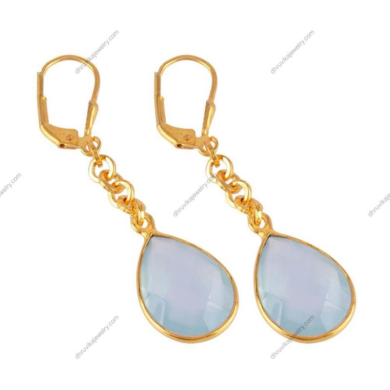 Gold-plated silver drop earrings with faceted blue chalcedony gemstones and lever-back closure alternate image